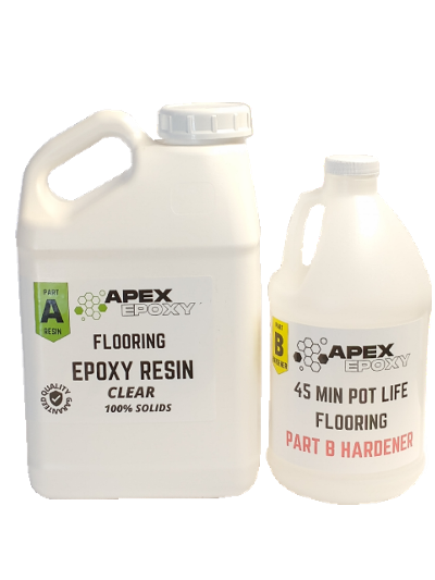 two bottles one clear and second bottle white apex epoxy flooring kit